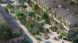 Phối cảnh khu nhà phố Sol Garden nhìn từ trên cao với mảng xanh nội khu
