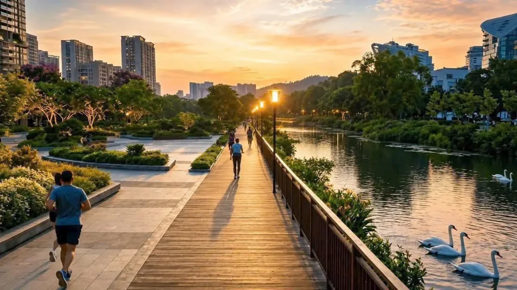 Phối cảnh lối đi bộ cạnh khu căn hộ trong dự án Vinhomes Hóc Môn