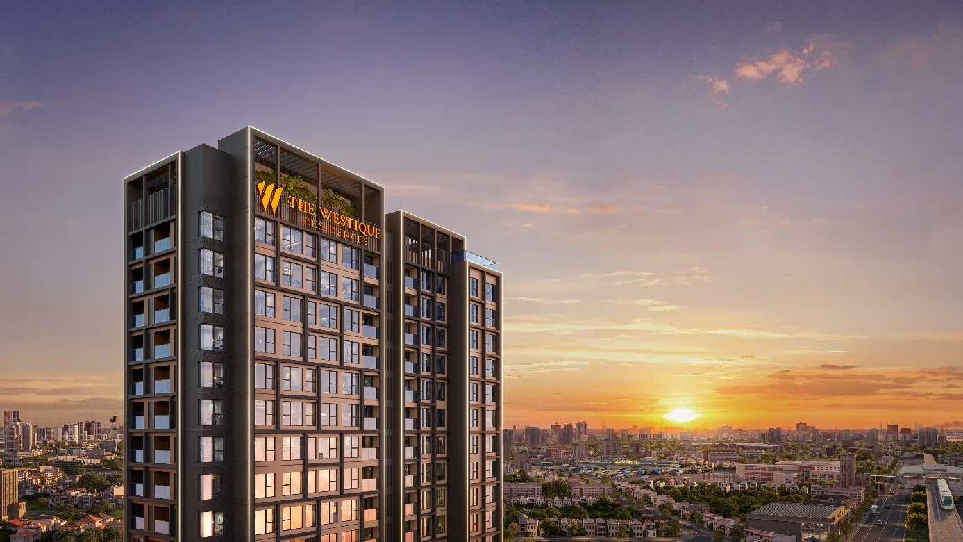 Phối cảnh The Westique Residences nhìn từ trên cao lúc hoàng hôn tại khu Tây TP.HCM