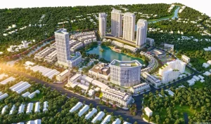 Phối cảnh tổng thể dự án Hồ Gươm Xanh Thuận An nhìn từ trên cao với hồ cảnh quan và cụm tháp căn hộ