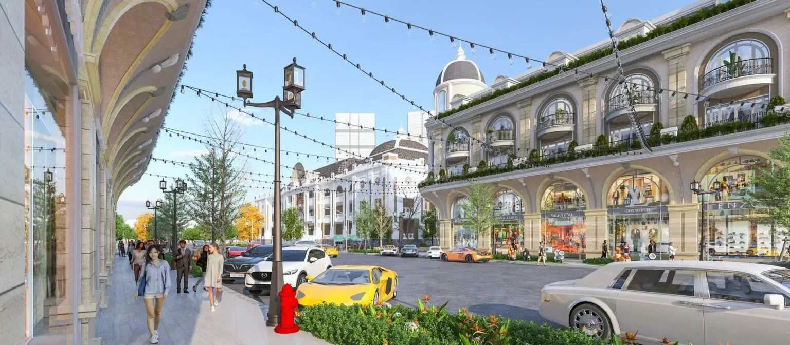 Phối cảnh tuyến phố thương mại shophouse trong khu Hồ Gươm Xanh Thuận An về đêm