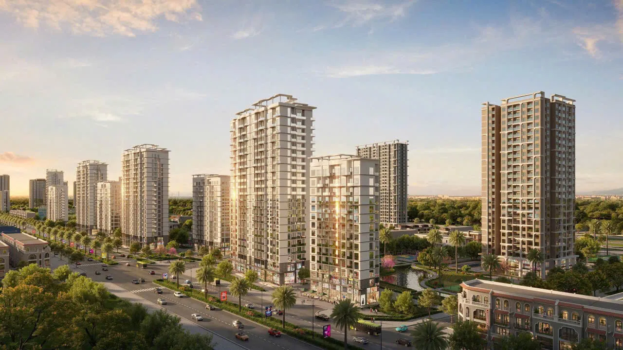 Phối cảnh các tòa căn hộ cao tầng tại The Primavera Hà Nội Garden City nhìn từ trên cao