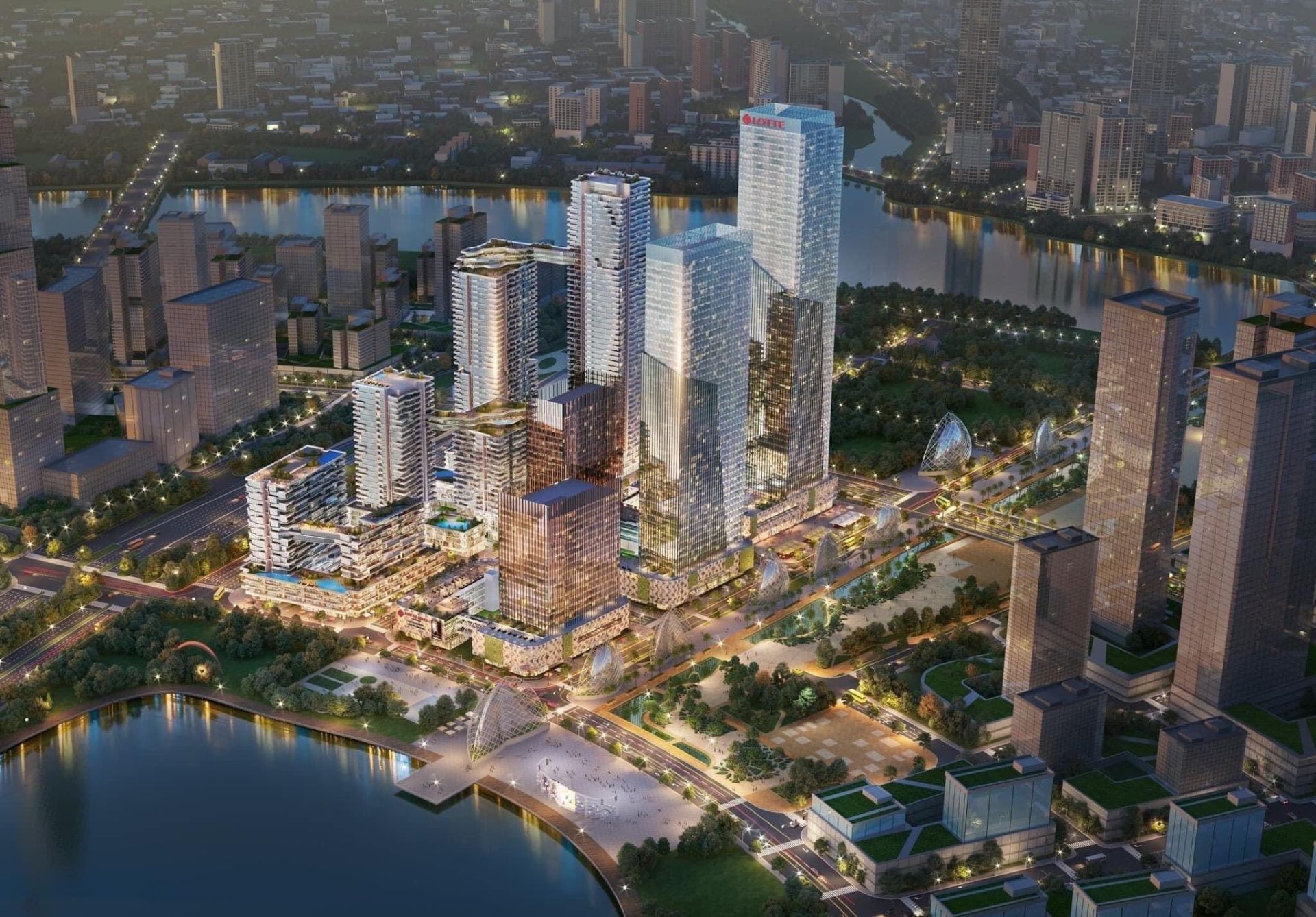 Phối cảnh tổng thể dự án Lotte Eco Smart City Thủ Thiêm về đêm