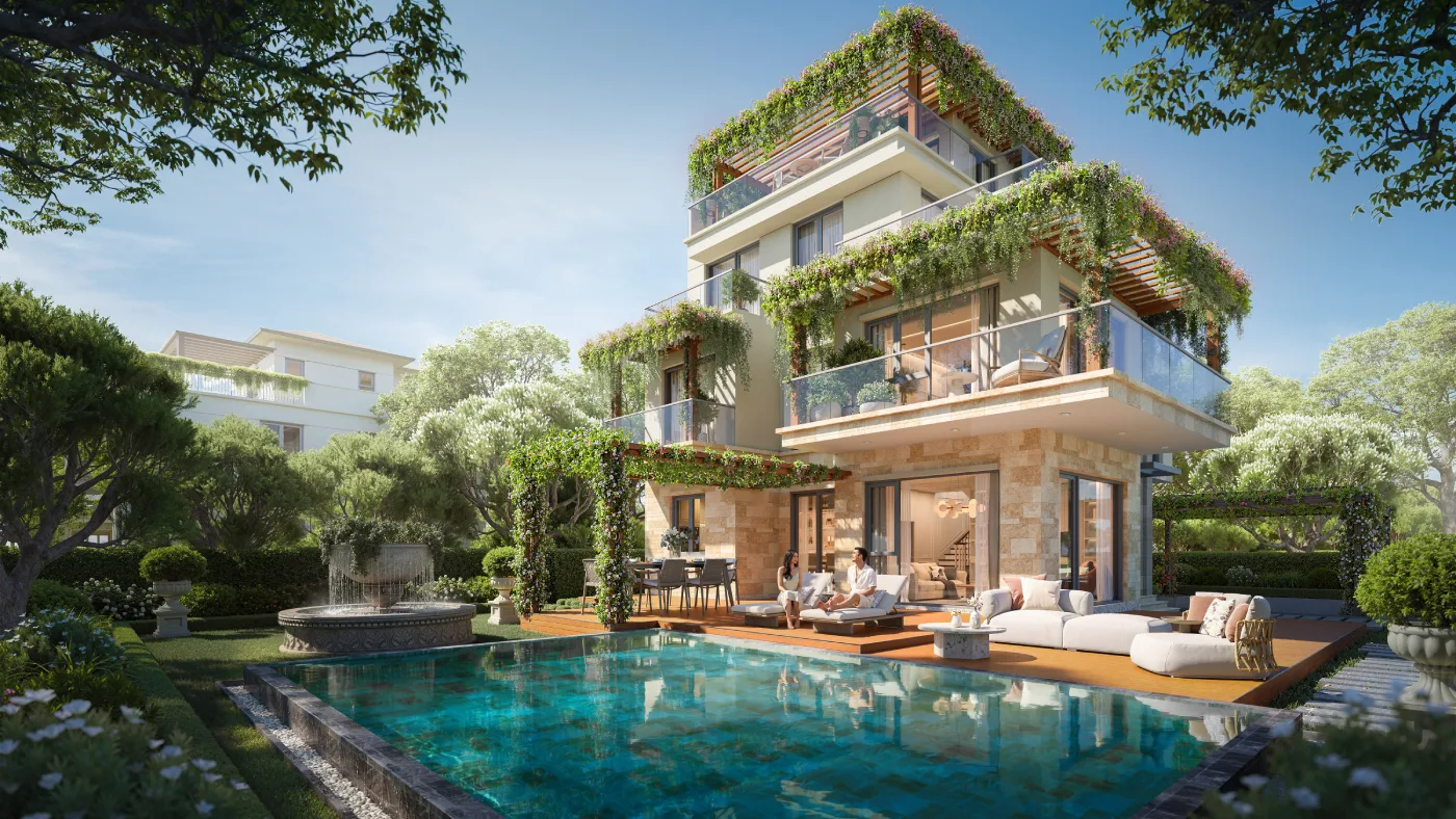 Biệt thự Elyse Island với hồ bơi riêng và hệ cửa kính mở ra sân vườn