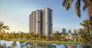 Phối cảnh tòa tháp Trellia Vista nhìn từ mặt nước tại khu đô thị Mizuki Park