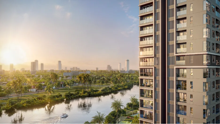 Tầm nhìn hướng thủy từ căn hộ Trellia Vista ra rạch Bà Lào và khu đô thị Mizuki Park
