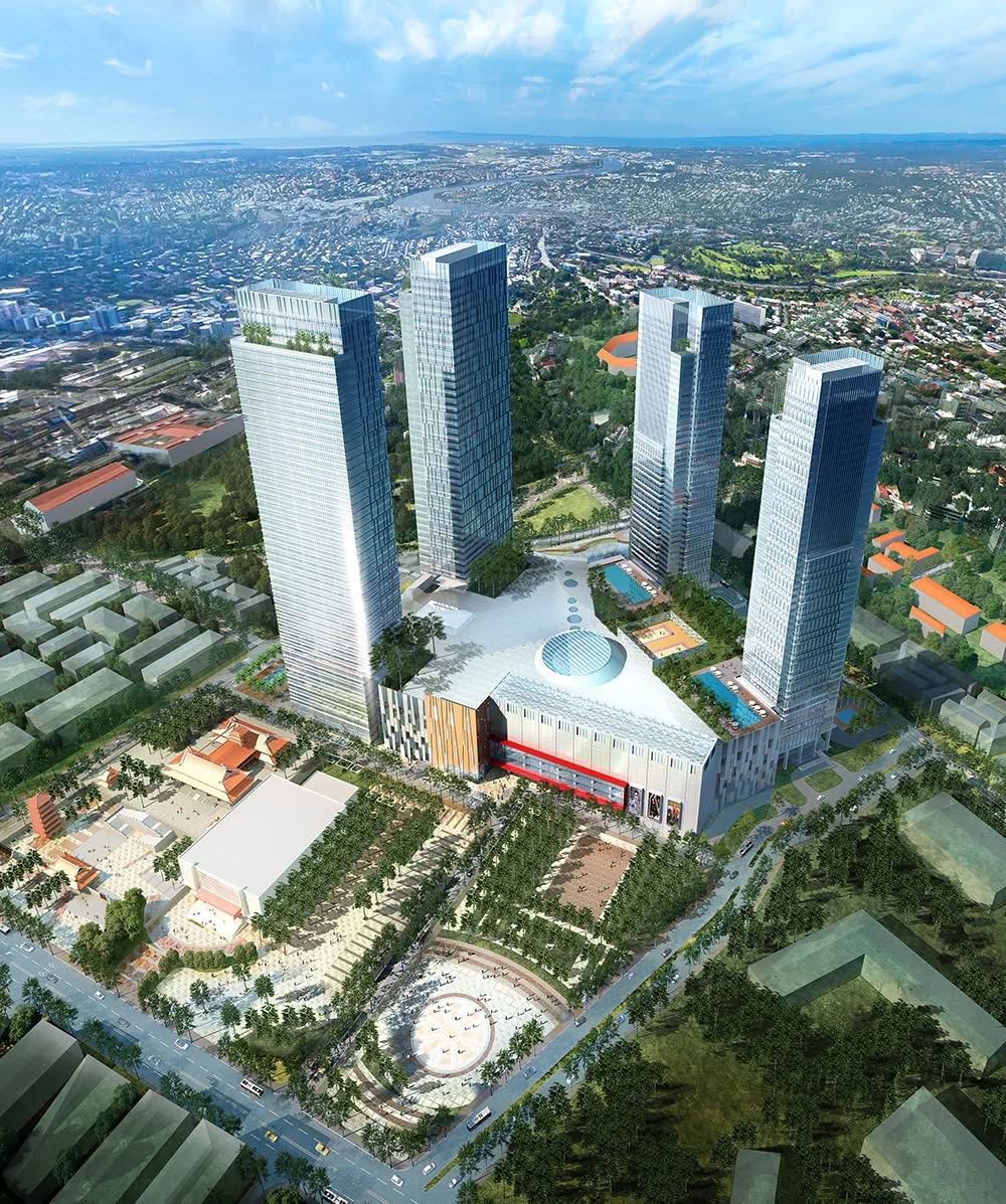 Phối cảnh tổng thể các khối tháp Vinhomes Kỳ Hòa nhìn từ trên cao với khối đế thương mại